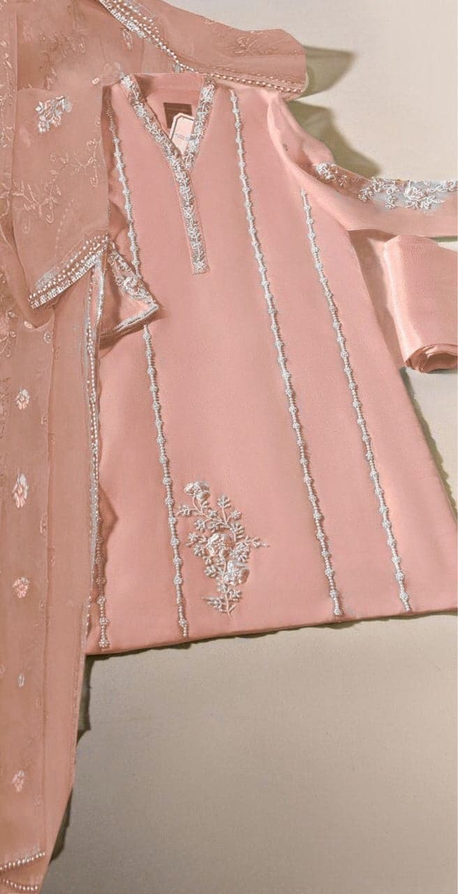 agha noor organza dress AGHA NOOR Chiffon Suit - Embroidered Elegance