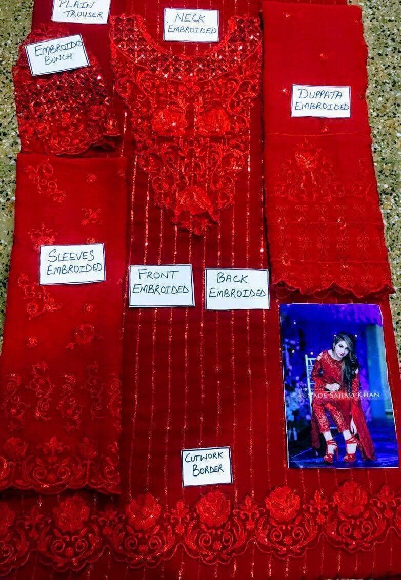Maria B Red Chiffon Suit-Replica Suits-Replica Zone