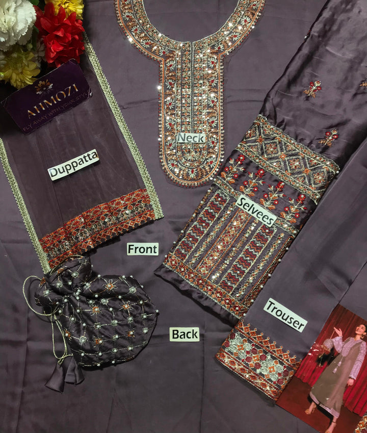 Hussain Rehar Silk Suit-Replica Suits-Replica Zone