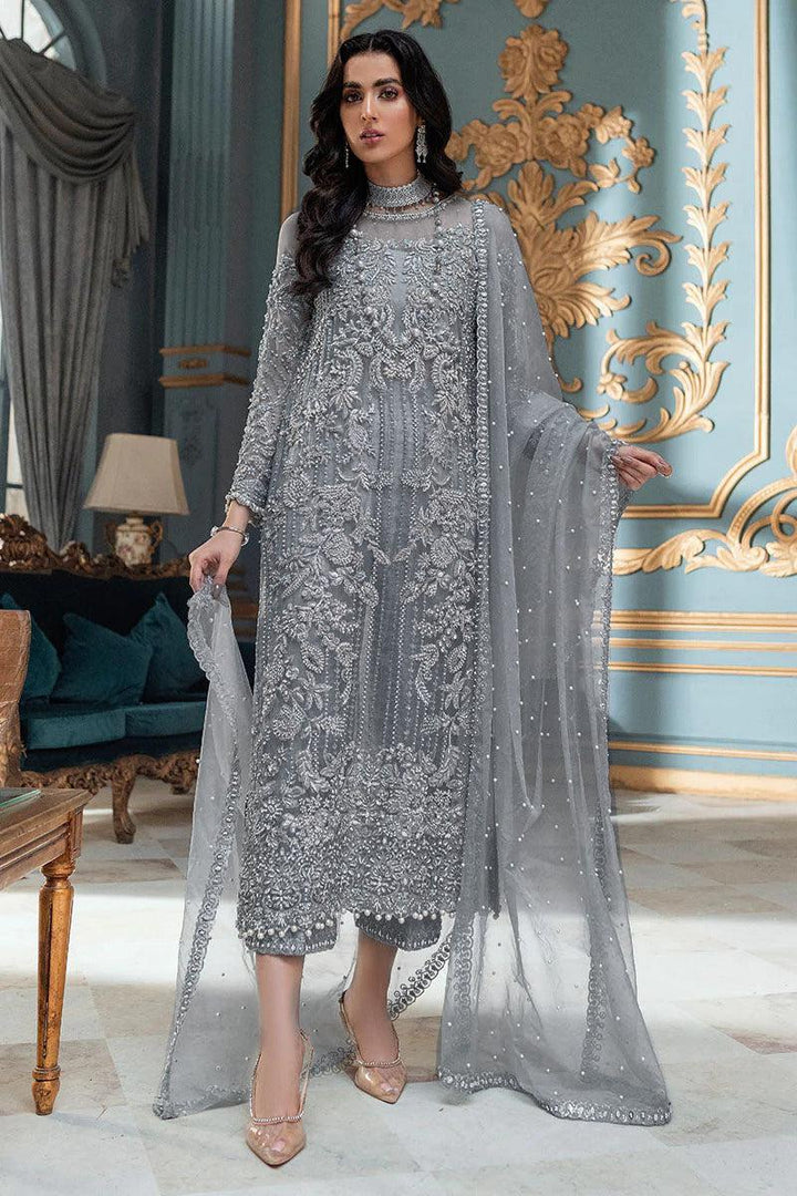 laam party wear dresses with price in pakistan Laam Net Suit Replica Grey Embroidered Party 3 Piece Replica Zone